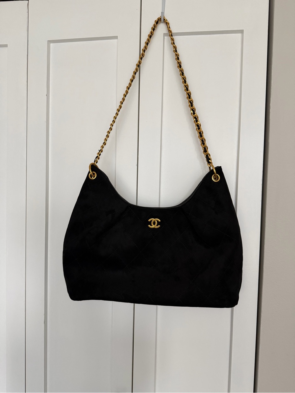 Black Suede Shoulder Bag with Gold Chain Strap